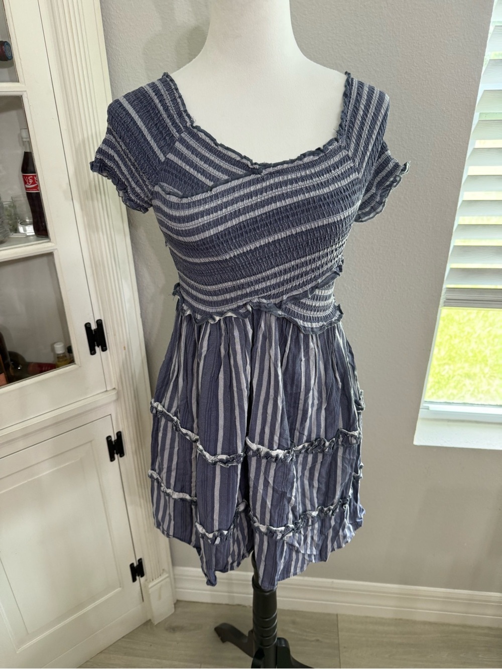 Japna Navy Blue and White Striped Asymmetrical Tiered Smocked Dress